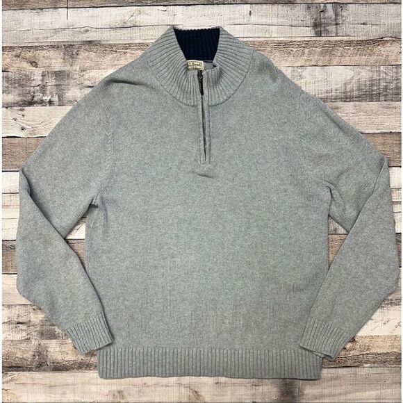 LL Bean Mens Large Gray 1/4 Zip Heavyweight Cotton Pullover Grandpa Sweater - Picture 1 of 6